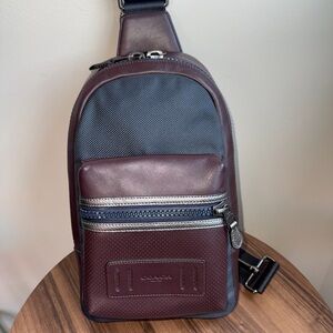 Coach Men's Terrain Pack Leather Sling Backpack - Oxblood / Navy / Silver